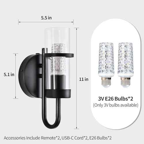 Battery Operated Wall Sconce Set of 2, Rechargeable Wireless Wall Lights with Remote, Dimmable Black Sconces with Clear Glass Shade for Bedroom Living Room Hallway, 3000K Crystal Bulb Included