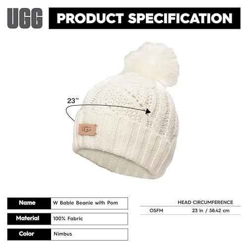 UGG Women's Cable Knit Beanie with Plush Pom - Cozy Winter Hat in Soft Acrylic-Wool Blend, Leather Logo Detail, Nimbus, One Size
