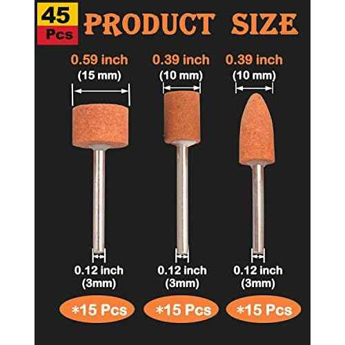 45 Pack Grinding Stone Set 1/8" Shank, Sanding Drill Bit for Rotary Tool Flap Wheel for Grinding, Polishing, Deburring Ferrous Metal, 2 Shape and 3 Sizes(Orangage, Aluminum Oxide)