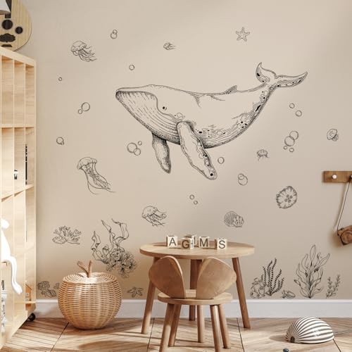 Ocean Whale Wall Decals, Ocean Animal Fish Seaweed Grass Jellyfish Wall Sticker Peel and Stick Under The Sea Art Decor for Boy Girls Kids Baby Nursery Bedroom Bathroom Hall