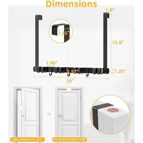 Broom Holder Over The Door 2Pack - 304 Stainless Steel Mop and Broom Hanger Wall Mounted or Hanging Over The Door with Hooks - Tool Organizer for Garage Closet Laundry Kitchen Decor