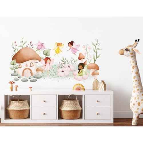 Woodland Mushroom Wall Decals Mushroom House Garden Wall Stickers Peel and Stick Fairy Floral Plants Wall Art for Girls Bedroom Baby Nursery Living Room Sofa TV Background Decor