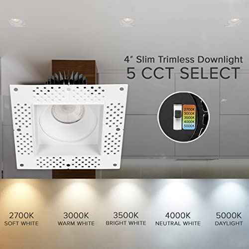Maxxima 4¡± Trimless Ultra-Thin Recessed Anti-Glare LED Downlight Canless IC Rated 1000 Lumens 5 Color Temperature Selectable 2700K/3000K/3500K/4000K/5000K Dimmable 90 CRI 5 CCT Square Slim J-Box Incl.