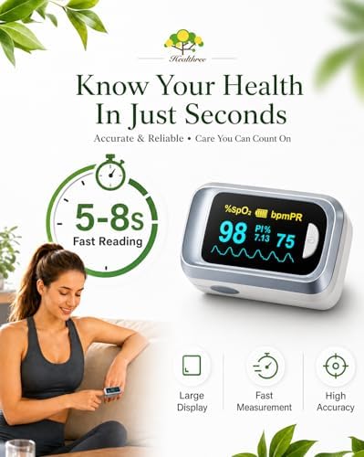 Healthtree JKS50B Pulse Oximeter Fingertip - Blood Oxygen monitor Fingertip with Perfusion Index, Fast 5-8s Reading, Large OLED Display, SpO2 & Heart Rate monitor for Home, Sports, Travel (Includes Batteries & Lanyard)