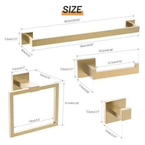 23.6Inch Brushed Gold Towel Bar Set, 10 Pieces Bathroom Accessories Set, SUS304 Stainless Steel Towel Racks Toilet Paper Holder Set for Bathroom Wall Mounted