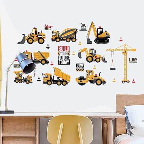 Construction Wall Stickers, Truck Digger Excavator Cartoon Engineering Car Decorative Wall Decals, Vinyl Peel Stick Decor Wall Decors for Kids Baby Bedroom Boys Room Nursery Playroom