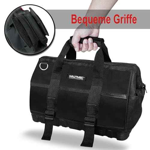 HAUTMEC 16-inch Heavy Duty Wide Open Mouth Tool Bag, Shoulder Organizer Bag with Water-Proof Molded Base, Double 600D Fabric, Black, HT0096-TB