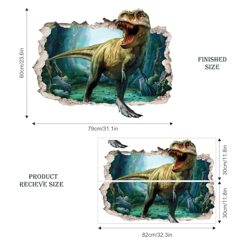 Supzone Large 3D Broken Dinosaur Wall Decals for Boys Room, Break Through The Wall Vinyl Wall Sticker for for Kids Bedroom Nursery Playroom Classroom