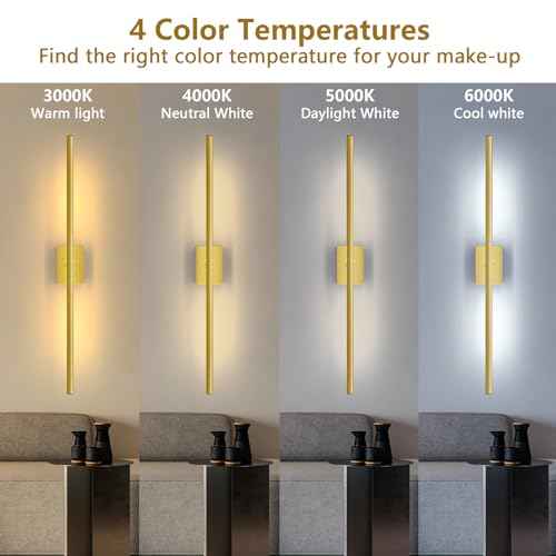 Gold Battery Operated Wall Sconce, Cordless Rechargeable Wall Sconces Set of 2, Modern 4CCT Dimmable Wall Lamps Battery Operated with Remote Control for Bedroom Living Room 31.5 Inch