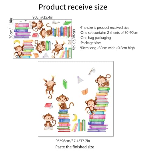 Monkey Wall Decals Animals Monkey Reading Books Wall Stickers for Baby Nursery Bedroom Classroom Wall Decor
