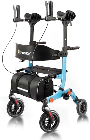 Lightweight Upright Rollator Walker All-Terrain Foldable with seat and Adjustable Height backrest, 300 lbs Capacity, 10" Front & 8" Rear Wheels for Seniors, Adults, bariatric, Includes Cane Holders