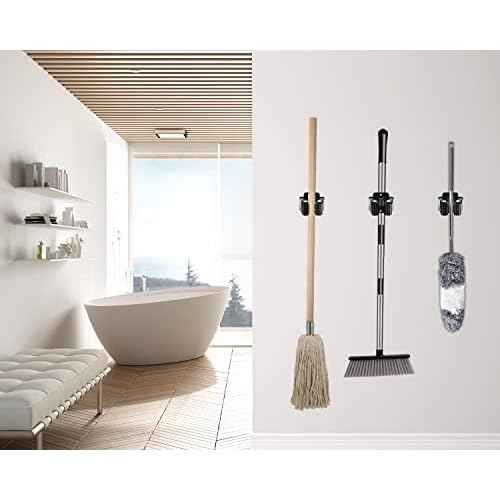 Verdenu 25 Pack Broom Holder Wall Mount, Mop and Broom Holder Wall Mount, Stainless Steel Command Mop Holder with Screws, Garden Tool Storage Organizer for Kitchen, Home, Bathroom, Garage, Black