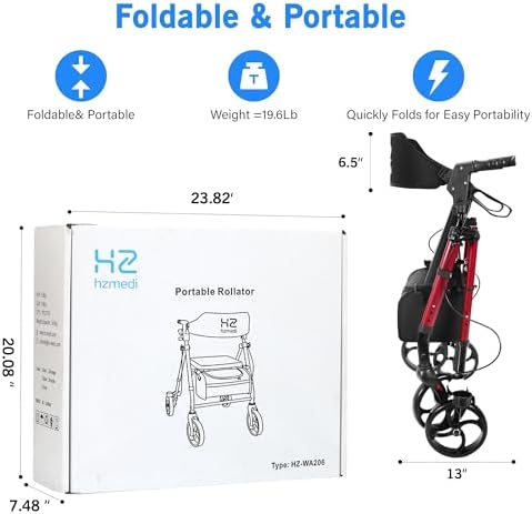 Walkers for Seniors with Seat, Foldable Rolling Walker with Durable Aluminum, Dual Adjustable Height Rolling Walker, 8" Wheels for Adults, All Terrain rollator| Jujube Red
