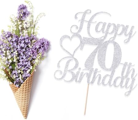 Silver Glitter Happy 70th Birthday Cake Toppers Cheers to 70 Years Old Decoration 70th Anniversary Cake Topper, seventy Theme Cake Decorations for Birthday Anniversary Party (Silver -70)