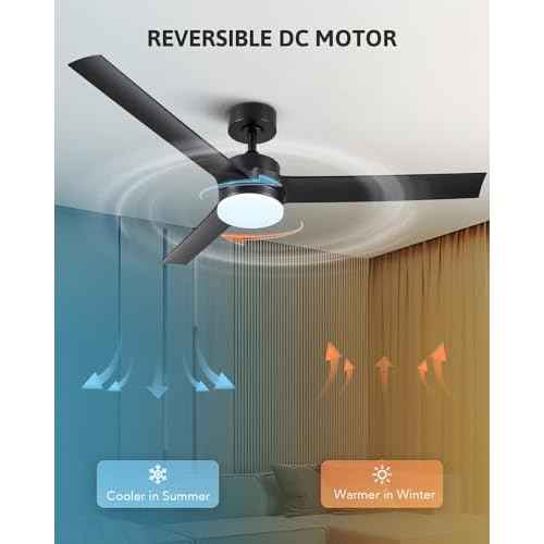 VONLUCE Ceiling Fans with Lights, 52 Inch Ceiling Fans with Lights and Remote, 6-Speeds Noiseless Reversible DC Motor, 3CCT, Modern Ceiling Fan for Farmhouse Bedroom Patio, Black