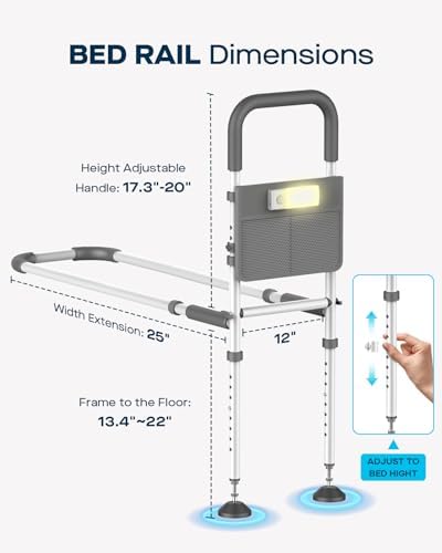Bed Rails for Elderly Adults Safety, Adjustable Bed Assist Rail for Seniors with Motion Sensor LED Light & Storage Pocket, Non-Slip Handle Support Bar, Fits Twin/Full/Queen/King