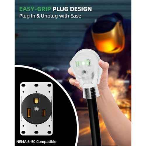 25ft 250V Welder Extension Cord, 10 Gauge Heavy Duty Outdoor Welding Cord with LED Indicator, NEMA 6-50P to 6-50R, 30 Amp 3 Prong Power Extension for Welding Machines, 10 AWG SJTW, Black
