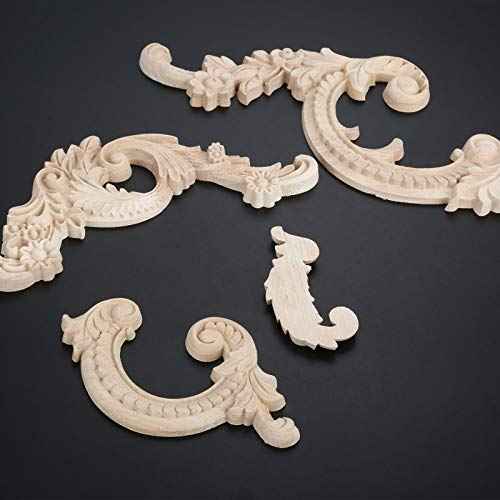 Wood Carved Appliques Wooden Onlays, 1 Pair Unpainted Decorative Carving Furniture Decals Frame Decor for Door Wall Cabinet Dresser Fireplace Ceiling Bed Home DIY Project, 8.5x4.5cm/3.35"x1.77"