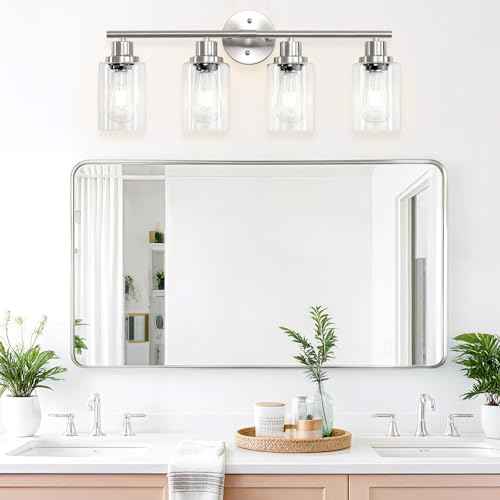 4-Light Nickel Bathroom Light Fixtures, E26 Modern Vanity Lights for Bathroom with Clear Glass Shade, Wall Lamps for Mirror Hallway Kitchen Cabinet Living Room Sconces Lights