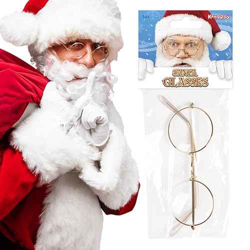 Kangaroo Gold Santa Claus Costume glasses - Round Fake Glasses For Men and Kids - Circular Glasses Spectacles - Metal Frame Plastic Lenses - Non Prescription - Nerd Halloween Cosplay Apparel