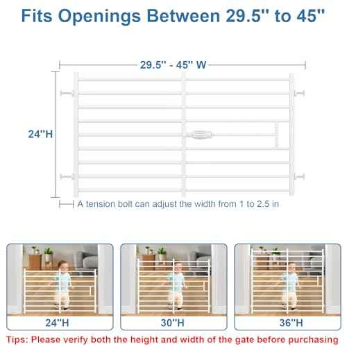 Malier Quick and Easy Setup & Removal Metal Baby Gate for Babies and Pets, 24'' Tall Pressure Mounted Dog Gate for Stairs, 29.5"- 45" Wide Safety Expandable Indoor Dog Gate for Doorway (White, 24''H)