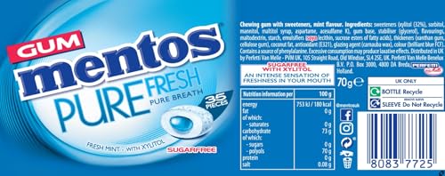 Mentos Pure Fresh Fresh Mint Chewing Gum 35 Pieces – Sugar-Free, Refreshing, Gluten-Free Sweet Treat, with Xylitol, 90 g (Pack of 6)