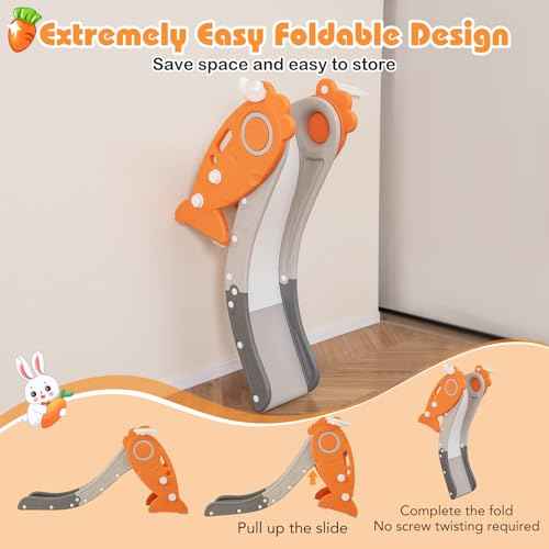 BABY JOY Toddler Slide for Kids, 4 in 1 Indoor Foldable Kids Slide w/Climber, Basketball Hoop & Ring Toss, Folding Climber Playset Baby Freestanding Playground