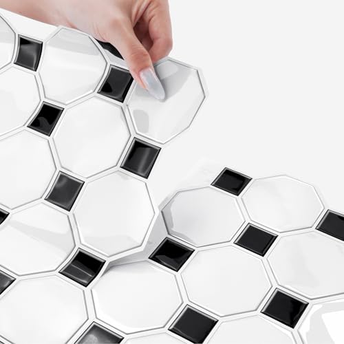 LaCheery 12"x12" Black and White Peel and Stick Backsplash for Bathroom Kitchen Backsplash Tiles Peel and Stick Octagon Peel and Stick Backsplash Tile Waterproof Wall Tiles Sticker Back Splash 4 Tiles