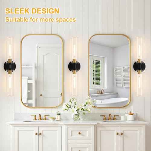 Black and Gold Wall Sconce, Bathroom Sconces Wall Lighting with Clear Glass, Modern Sconces Wall Light fixtures for Bathroom Mirror Living Room Hallway Bedroom