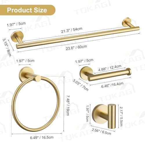 TQKAG Brushed Gold Bathroom Hardware Accessories Set 10-Pieces, Premium SUS304 Stainless Steel Bathroom Towel Bar Holder Set 23.6 Inch Round Towel Racks for Bathroom Wall Mounted