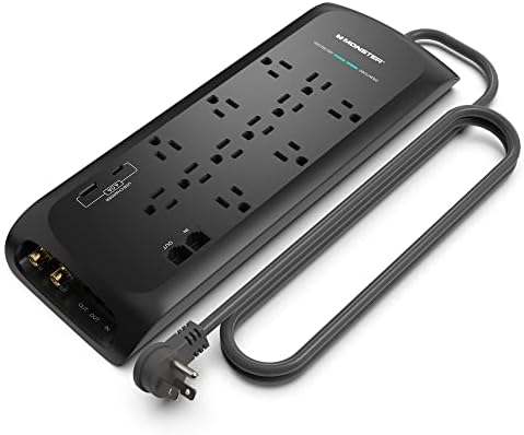 Monster Black Heavy Duty Surge Protector Power Strip 6 ft Cord with 12 120V-Outlet Extension, 2 Ethernet Switch Ports, 4050J Rating, 1 USB-A, and 1 USB-C Charging Ports â Ideal for Computers & Offices
