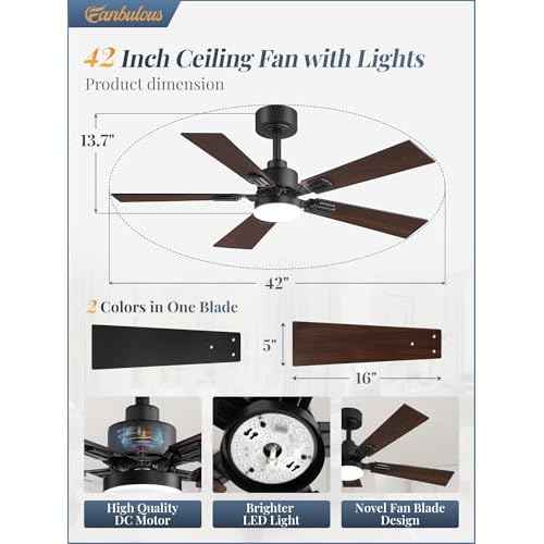 Fanbulous 42 Ceiling Fans with Lights and Remote, Modern Low Profile Ceiling Fans with Dimmable 3CCT Quiet DC Motor, Reversible Celing Fan with 6-Speeds Timer for Bedroom(Black)