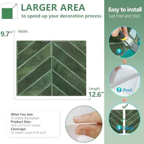 STICKGOO 10 Sheets Thicker Herringbone Peel and Stick Backsplash, 12.6¡±¡¿9.7¡± Stick on Wall Tiles, Self Adhesive Tile Sticker for Kitchen Backsplash and Bathroom, Green