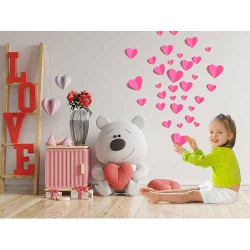 60 Pcs Valentines-Day-Wall-Decorations, 3D Heart Valentine Wall Stickers, Waterproof Wall Decals, for Wedding Anniversary Party Bedroom Home Office School Decor, 4 Different Sizes Pink