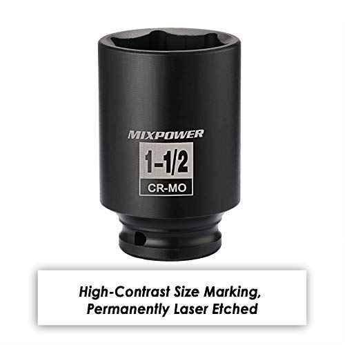 MIXPOWER 1/2 Inch Drive Deep Impact Socket 1-1/2 Inch SAE, CR-MO, 6PT,Axle Nut Impact Grade Socket for Easy Removal