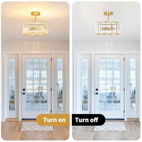 Modern Crystal Ceiling Light, Brushed Gold Semi Flush Mount Ceiling Lighting Fixture, Brass Hallway Light Fixtures Chandelier for Kitchen, Bedroom Dining Room Hallway Closet, 3-Light, 12 Inch