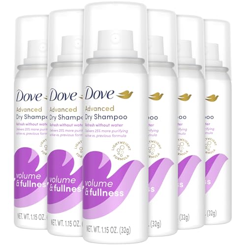 Dove Advanced Dry Shampoo, Travel-Size, Volume & Fullness, 6-Pack, Travel Essentials, 1.15 Oz Ea