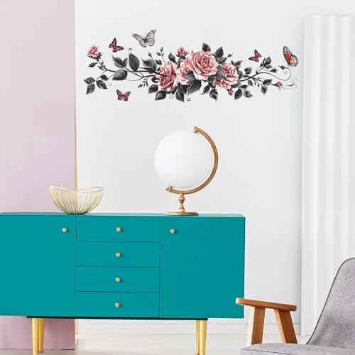 Black Butterflies Rose Wall Decals Pink Flower Vines Wall Stickers Vinyl Floral Wall Art Decor for Girls Bedroom Bathroom Beauty Salon Window Door Decorations