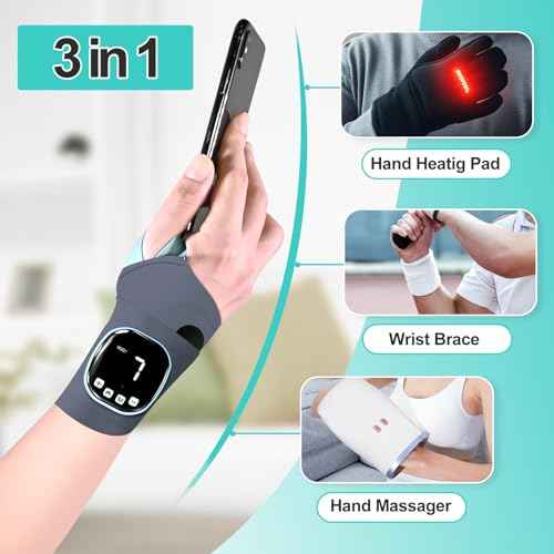 Electric Hand Massager with Heat, Cordless Wrist Heating Pad TES Muscle Stimulator for Pain Relief Therapy, Adjustable Length for Daily & Sports, Universal Left & Right