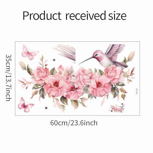 Pink Hummingbird Butterfly Flower Wall Stickers, sacinora Peach Blossom Peony Bird Wall Decals Removable Vinyl Peel and Stick for Girl Woman Nursery Living Room Bedroom Art Decorations