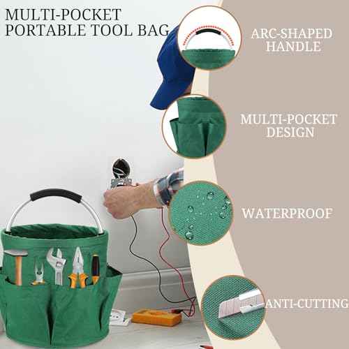Garden Tool Organizer Tote Bag, Beige Oxford Waterproof Storage Carrier with Pockets, 11.4x10.6 Inch, 17L Capacity, Outdoor Gardening Plant Tool Holder for Men Women (Green)