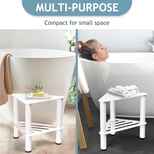 Corner Shower Stool for Shaving Legs - Metal Foot Rest Bench with Storage Shelf, Waterproof Non-Slip Chair for Bathroom Spa, White