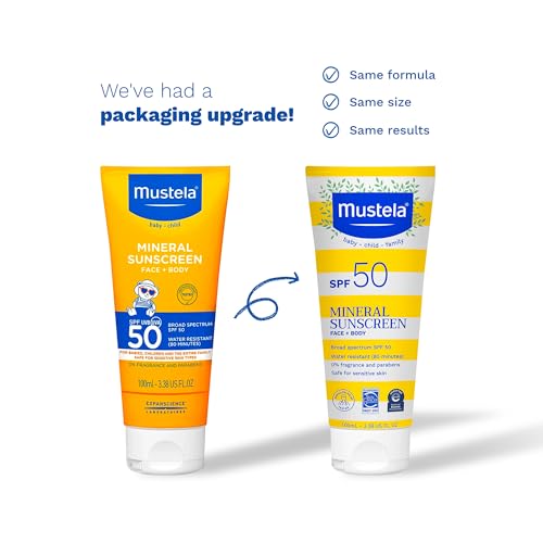 Mustela Baby Mineral Sunscreen Lotion SPF 50 Broad Spectrum - Face & Body Sun Lotion for Sensitive Skin - Water Resistant & Fragrance Free - Regular & Family Size