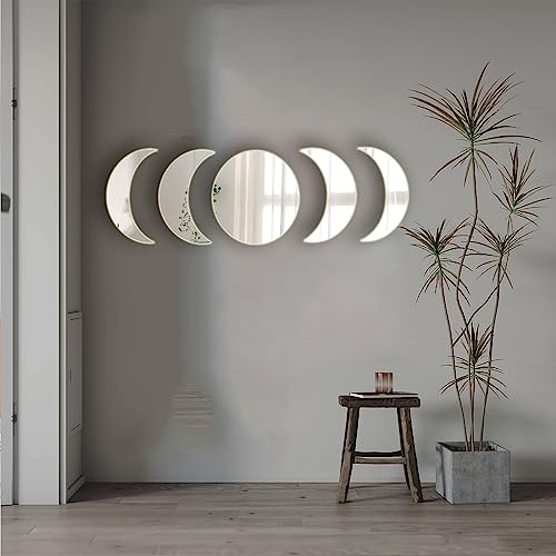 5 Acrylic Mirror Wall Stickers - Self Adhesive Moon Phase Mirrors - Bohemian Decor for Home, Living Room, Bathroom, Bedroom (15cm)