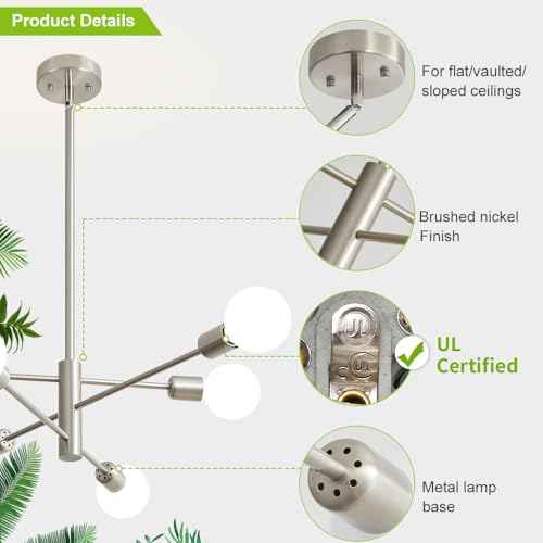 Sputnik Chandelier Modern Brushed Nickel Chandeliers 6-Light Mid Century Ceiling Lighting Fixture for Living Room, Kitchen, Bedroom, Dining Room, and Farmhouse (6-Light)