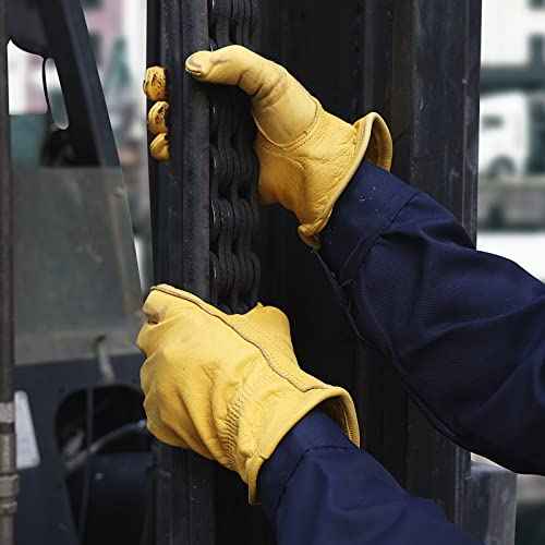 OZERO Leather Work Gloves for Men: 3 Pairs Cowhide Working Gloves Abrasion Resistant Driver Glove for Heavy Duty Yard Work DIY Women Gardening Glove Gold Large