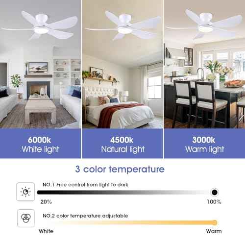 46 Inch Modern Ceiling Fans with Lights, Flush Mount Ceiling Fan with Light and Remote/APP Control, 5 Reversible 6 Speeds Curved Blades, 3 CCT Dimmable Lights for Bedroom, White