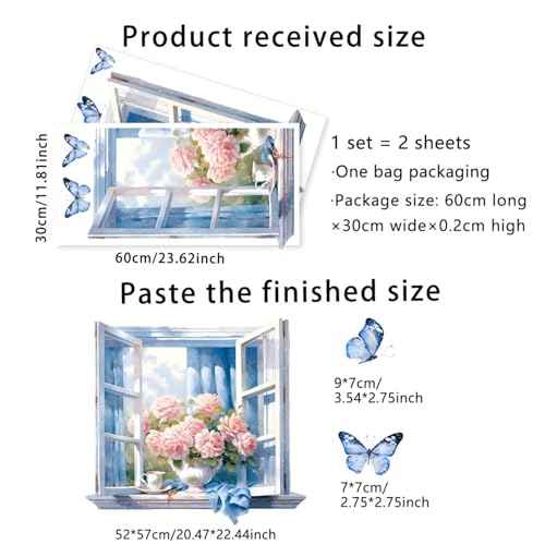 Fake Window Wall Decals - Peel and Stick Flower & Butterflies Vinyl Wall Sticker Murals for Living Room Bedroom Office Wall Decor 20.47"x22.44"