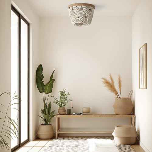 White Boho Mini Chandelier£¬ 2-Tier Wood Beaded Flush Mount Ceiling Light for Bedroom Hallway Entryway Closet Laundry Room Nursery Room 4-Lights