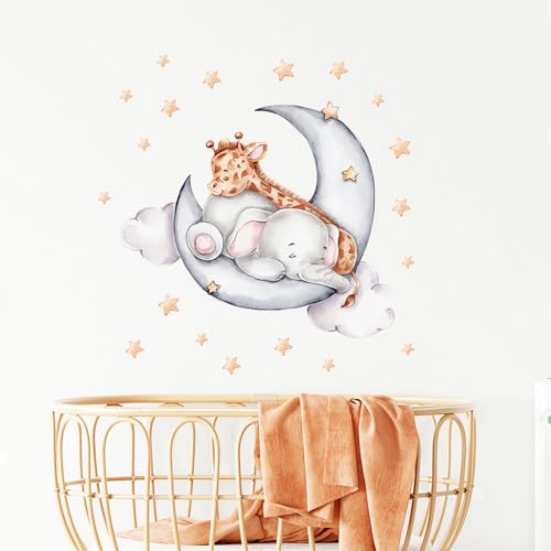 Cute Sleeping Baby Elephant Giraffe Wall Stickers, sacinora Moon and Stars Cartoon DIY Wall Decals Removable Vinyl Peel and Stick for Kids Baby Nursery Bedroom Toddler Room Art Decorations